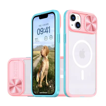 Draadloos Opladen Hoesje voor iPhone XS Max - met Camera Slide  -  Bumper Cover voor Magsafe - Blauw Roze