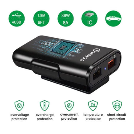 Quick Charge 3.0 Autolader met Verlengkabel en 4 Poorten  30W / 3.1A - Quad Port Carcharger Extension Cable - Zwart