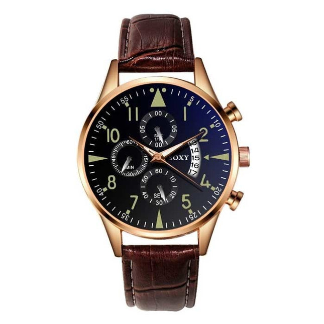 Stijlvol Luxe Horloge voor Heren - Lichtgevend Kwarts Uurwerk Leren Band met Kalender Bruin Goud