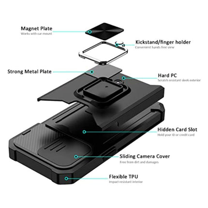 iPhone 11 Pro Max - Card Slot Hoesje met Kickstand en Camera Slide - Grip Socket Magnetische Cover Case Zilver
