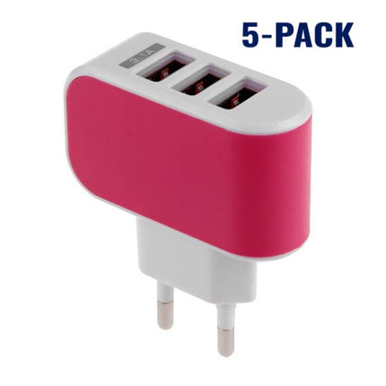 5-Pack  Triple (3x) USB Port iPhone/Android Muur Oplader Wallcharger AC Thuis Roze