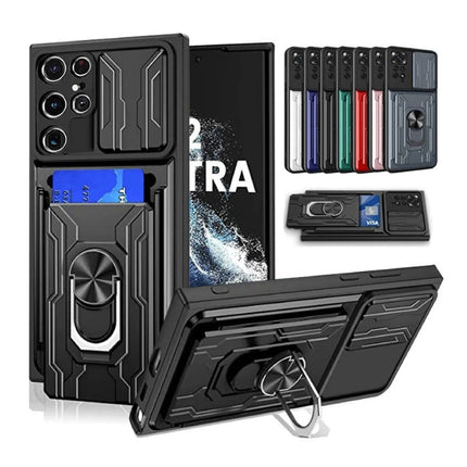 Samsung Galaxy S21 Plus - Card Slot Hoesje met Kickstand en Camera Slide - Magnetische Pop Grip Cover Case Groen