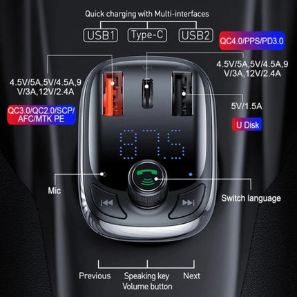 2x USB/USB-C Autolader Bluetooth Transmitter Handsfree Oplader FM Radio Kit Zwart 