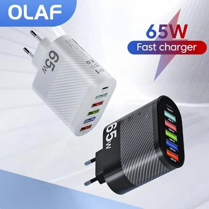 6-Poort Stekkerlader 65W - PD / Quick Charge 3.0 / USB Oplader Lader Stekkerlader Adapter Zwart