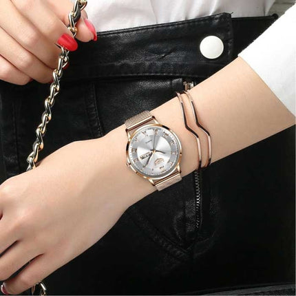 Ultradun Luxe Horloge voor Dames - Kalender Kwarts Roestvrij Staal Waterdicht Horloge Goud Zwart
