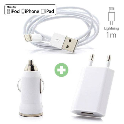 3 in 1 Oplaadset voor iPhone Lightning USB Oplaadkabel + Stekkerlader + Autolader