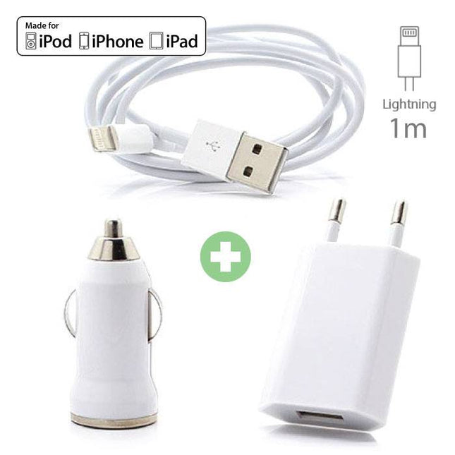 3 in 1 Oplaadset voor iPhone Lightning USB Oplaadkabel + Stekkerlader + Autolader