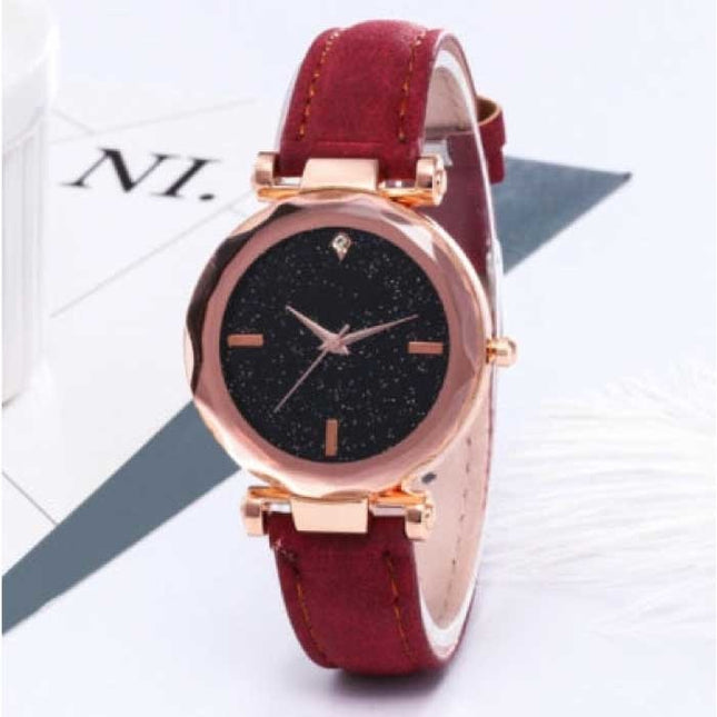 Minimalistisch Horloge Sterrenhemel voor Dames - Modieus Casual Leren Bandje Kwarts Rood