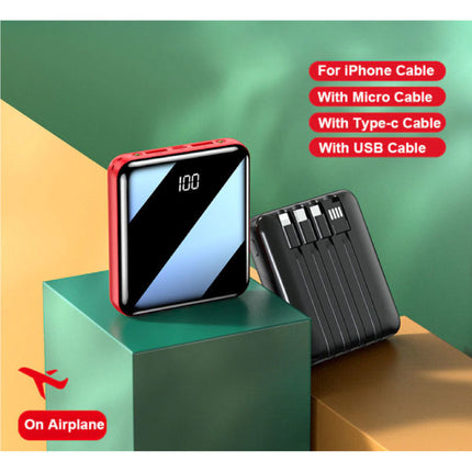 Universele 20.000mAh Mini Powerbank - 4 Types Oplaadkabel - 2x USB LED Display Noodaccu Batterij Oplader Charger Rood