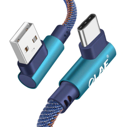 USB-C Oplaadkabel 90° - 1 Meter - Gevlochten Nylon Oplader Data Kabel Android Blauw