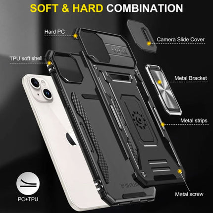 iPhone 15 Plus - Armor Hoesje met Kickstand en Camera Slide - Magneet Grip Cover Case Rood