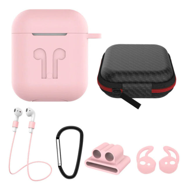 6 in 1 Kit voor AirPods 1 / 2 Roze - Hoesje / Anti-Lost Strap / Karabijnhaak / Opbergdoosje / Draagband / 2x Stofkap