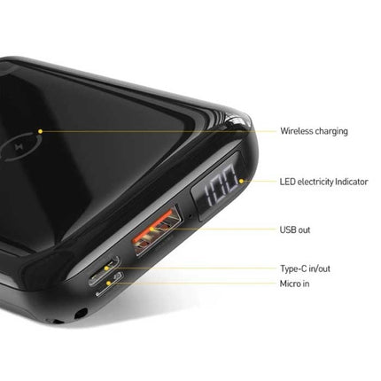 10.000mAh Qi Draadloze Oplader & Powerbank - Noodaccu Batterij met LED Scherm Zwart