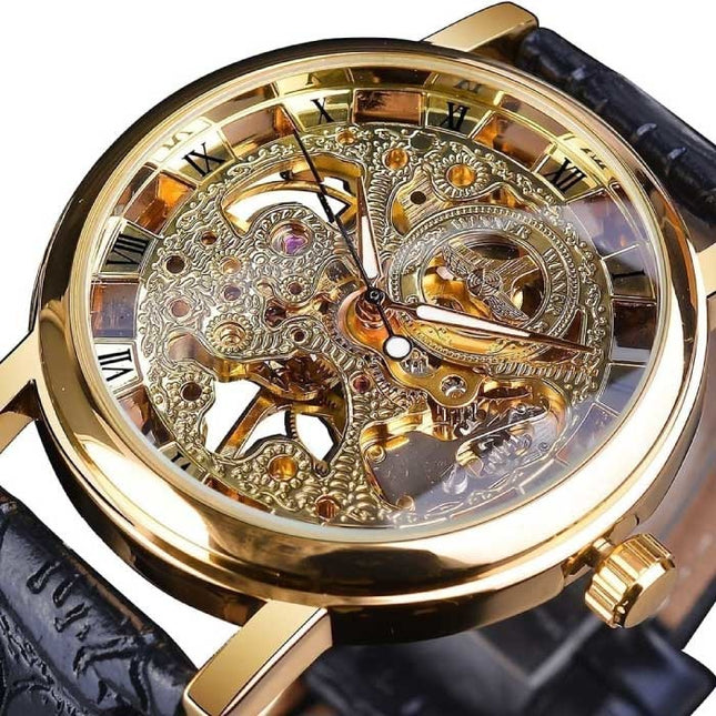 Gouden Kast Luxe Horloge voor Heren - Leren Bandje Transparant Mechanisch Skelet Zwart Goud