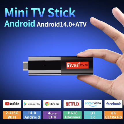 TV98 Android TV Stick - 6K HDMI Cast Receiver WiFi 6 - 2 GB RAM - 16 GB Opslagruimte 