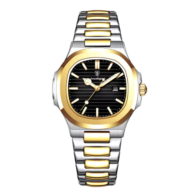 Luxe Vierkant Kwarts Horloge - 3 ATM Waterdicht Lichtgevend Heren Dames Unisex Roestvrij Staal - Goud Zwart