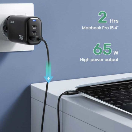 B314P 3-Port Stekkerlader - PD / Quick Charge 3.0 - Power Delivery USB Fast Charge 65W GaN - Oplader Muur Wallcharger AC Thuislader Adapter Zwart