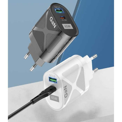 65W GaN Dual Port Stekkerlader - PD / Quick Charge 3.0 - Power Delivery USB Fast Charge - Oplader Muur Wallcharger AC Thuislader Adapter Wit