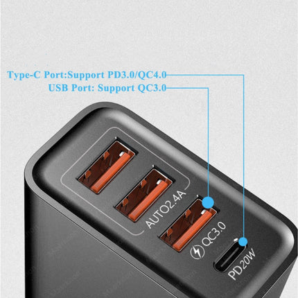 4-Poort Stekkerlader 60W - PD / Quick Charge 3.0 / USB Oplader Muur Lader Stekkerlader Adapter Zwart