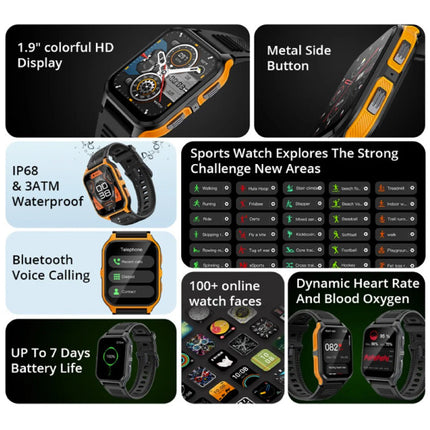 P73 Smartwatch - Siliconen Bandje - 1.9" Militaire  Sport Activity Tracker Horloge - Oranje Zwart 