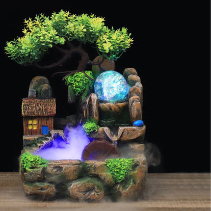 Sier Waterval Zen Garden Watermolen met Nebulizer - LED Kristallen Bal Bonsai Boom Feng Shui Fontein Decor Ornament