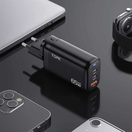 B314P 3-Port Stekkerlader - PD / Quick Charge 3.0 - Power Delivery USB Fast Charge 65W GaN - Oplader Muur Wallcharger AC Thuislader Adapter Zwart