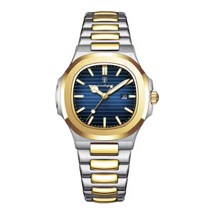 Luxe Vierkant Kwarts Horloge - 3 ATM Waterdicht Lichtgevend Heren Dames Unisex Roestvrij Staal - Goud Blauw