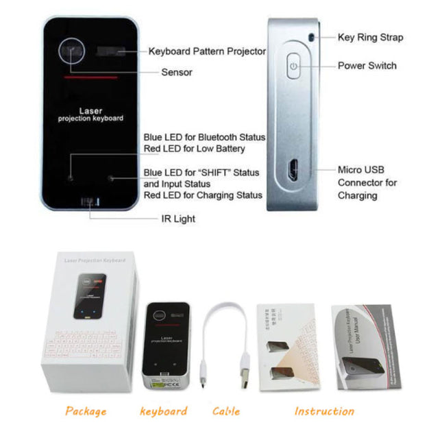 Pocket Laser Toetsenbord - Draagbaar Mini Virtueel Keyboard LED Projectie Draadloos voor Windows, IOS, Mac OS X en Android