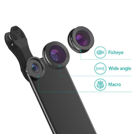 3 in 1 Camera Lens Clip voor Smartphones Zwart - Fisheye/Wide Angle/Macro Lens