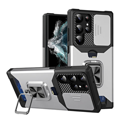 Samsung Galaxy S21 - Card Slot Hoesje met Kickstand en Camera Slide - Grip Socket Magnetische Cover Case Zilver