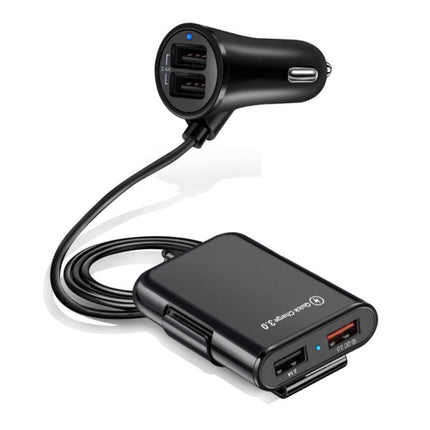 Quick Charge 3.0 Autolader met Verlengkabel en 4 Poorten  30W / 3.1A - Quad Port Carcharger Extension Cable - Zwart