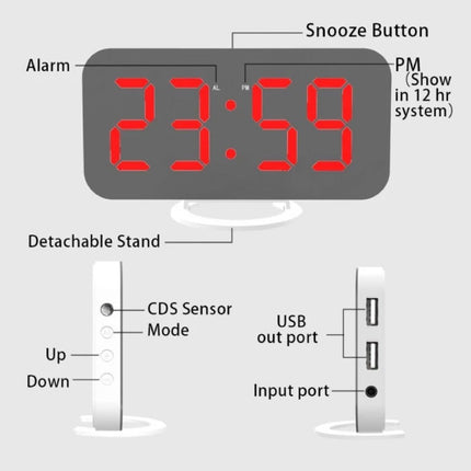 Multifunctionele Digitale LED Klok - Wekker Spiegel Alarm  Snooze Helderheid Aanpassing Rood