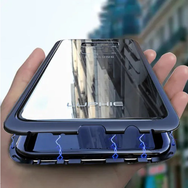 Samsung Galaxy A8 2018 Magnetisch 360° Hoesje met Tempered Glass - Full Body Cover Hoesje + Screenprotector Blauw