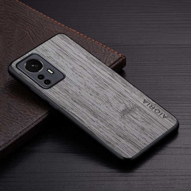 Xiaomi 12 Leren Hoesje - Shockproof Case Cover Hout Patroon Lichtgrijs