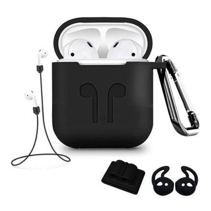 6 in 1 Kit voor AirPods 1 / 2 Zwart - Hoesje / Anti-Lost Strap / Karabijnhaak / Opbergdoosje / Draagband / 2x Stofkap 