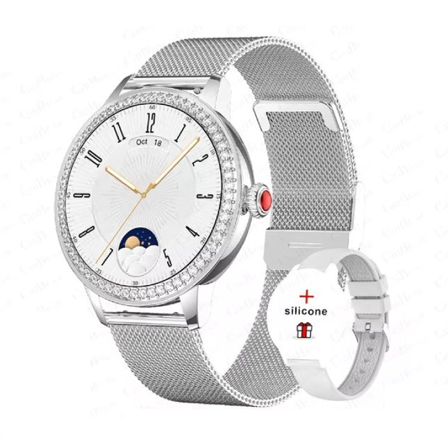 Diamant Smartwatch - Gezondheid Monitor Sport Tracker Horloge iOS Android - Mesh Bandje - Zilver