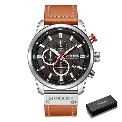 Luxe Horloge voor Heren met Leren Band - Kwarts Sport Chronograaf Polshorloge Zilver Zwart