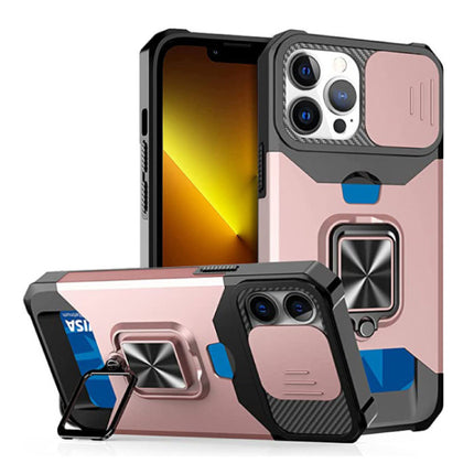 iPhone 12 Pro - Card Slot Hoesje met Kickstand en Camera Slide - Grip Socket Magnetische Cover Case Rose Gold
