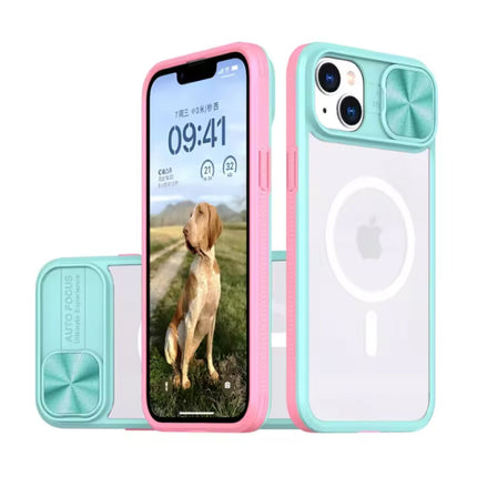 Draadloos Opladen Hoesje voor iPhone 13 - met Camera Slide  -  Bumper Cover voor Magsafe - Roze Groen