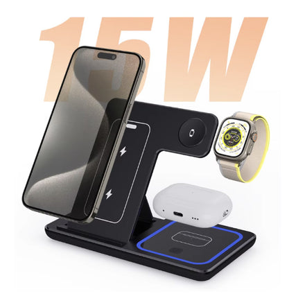 3 in 1 Draadloos Qi Oplaadstation - Compatibel met Apple iPhone / iWatch / AirPods -  Charging Dock 30W Oplader - Zwart