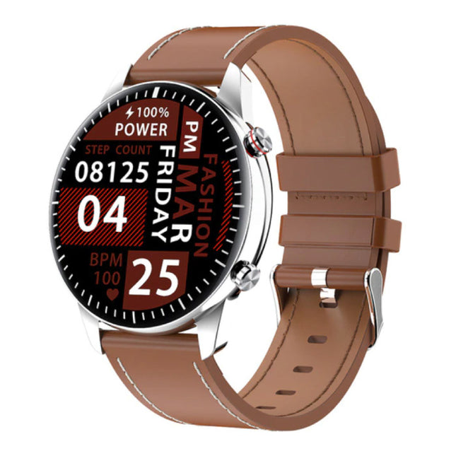 2021 Sport Smartwatch - Leren Bandje Fitness Activity Tracker Horloge Android - Bruin