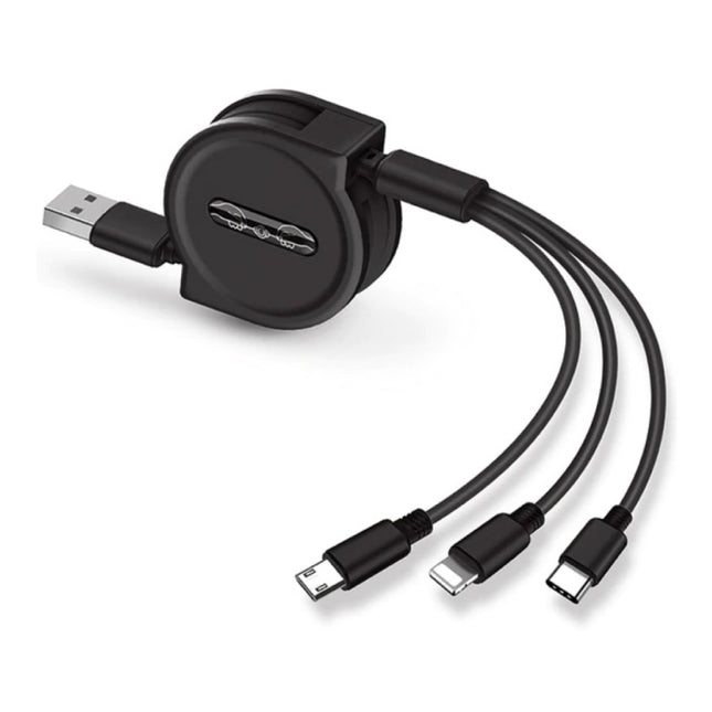 3 in 1 Intrekbare Oplaadkabel - iPhone Lightning / USB-C / Micro-USB - 1.2 Meter Oplader Spiral Data Kabel Zwart