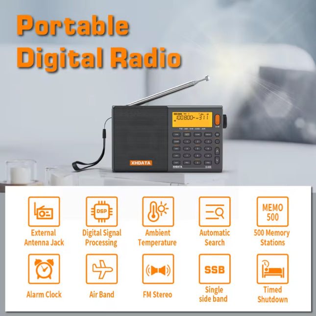 D-808 Noodradio op Batterij - USB Herlaadbaar 2000mAh - FM AM SW MW Radio Ontvanger - Zwart 