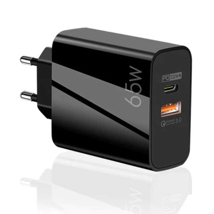 65W GaN Stekkerlader - Dual Port PD / Quick Charge 3.0 - Power Delivery USB Fast Charge - Oplader Muur Wallcharger AC Thuislader Adapter Zwart