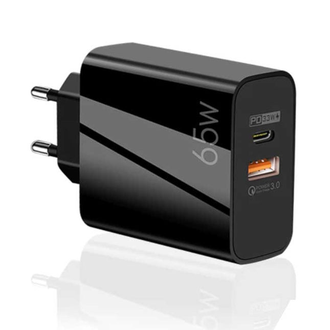 65W GaN Stekkerlader - Dual Port PD / Quick Charge 3.0 - Power Delivery USB Fast Charge - Oplader Muur Wallcharger AC Thuislader Adapter Zwart
