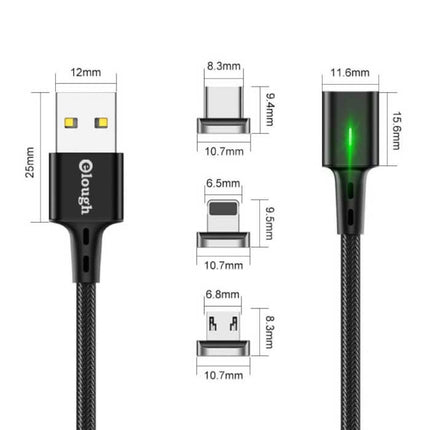 Micro-USB Magnetische Oplaadkabel 2 Meter met LED Lampje - 3A Fast Charging Gevlochten Nylon Oplader Data Kabel Android Zwart