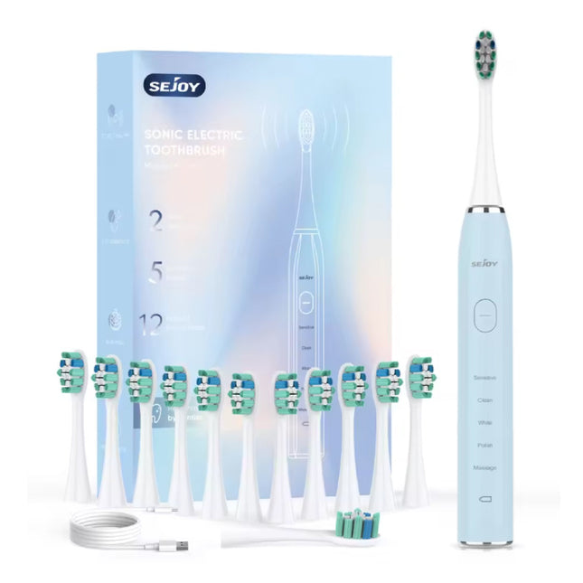 Elektrische Tandenborstel Set Sonisch - 12 Opzetborstels - IPX7 Waterdicht USB Opladen 5-modi - Blauw