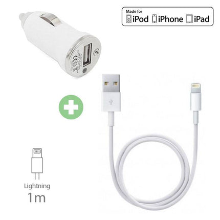 2 in 1 Oplaadset Oplaadkabel USB/Datakabel & Autolader/Carcharger voor iPhone 1 Meter
