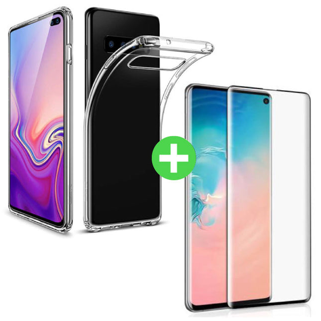 Samsung Galaxy S10 Plus Transparant TPU Hoesje + Screen Protector Tempered Glass