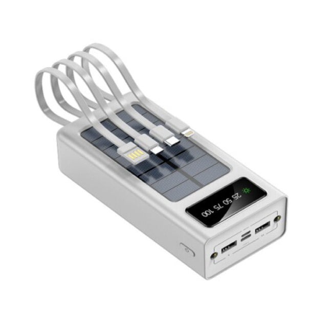 100.000mAh Solar Powerbank met 2 Uitvoer/2 Invoer Poorten - 4 Types Oplaadkabel - Ingebouwde Zaklamp - Externe Noodaccu Batterij Oplader Charger Zon Zwart